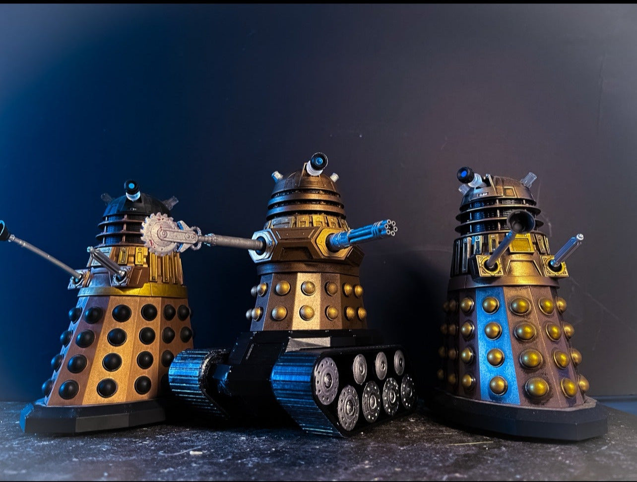 Three Dalek figures from the Doctor Who series on a dark background High Quality 3D Printed Model Berserker Dalek Model Kit 5” Scale 3D Prints