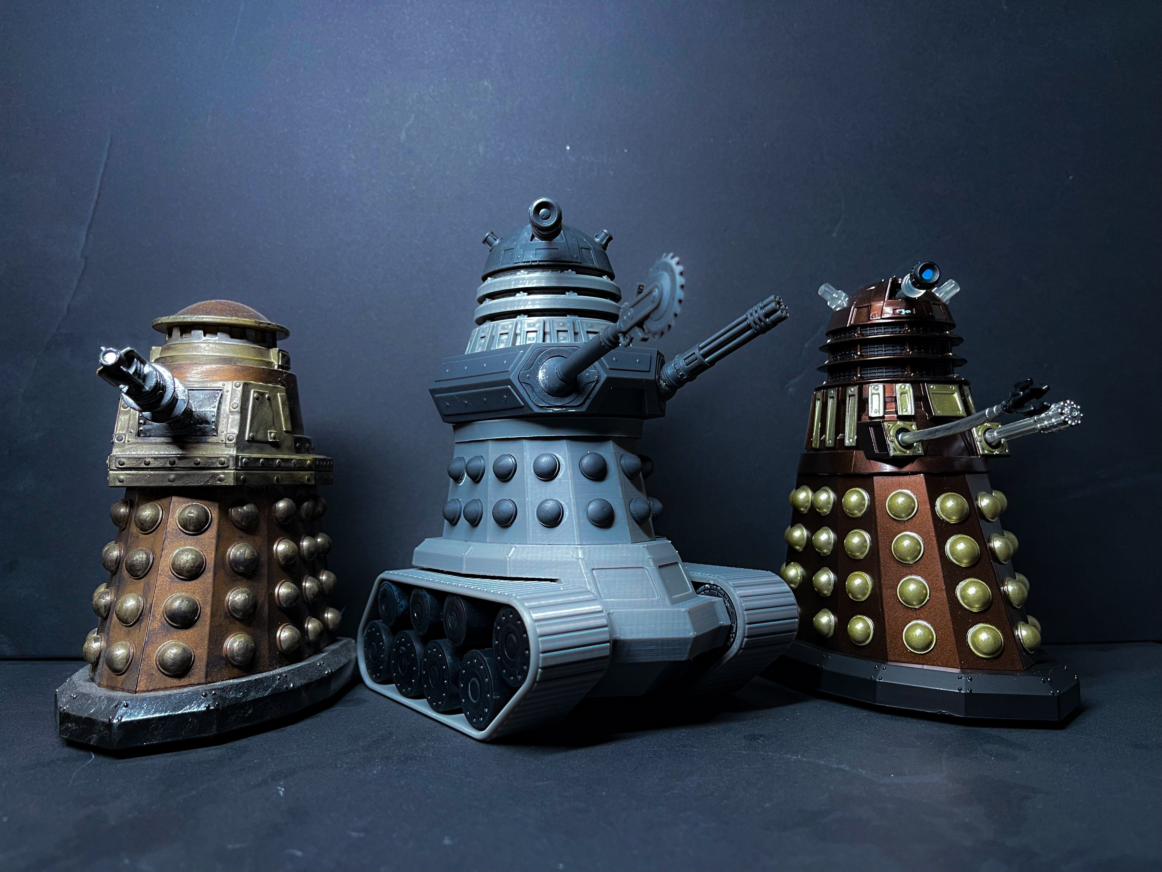 Three Dalek figures from the Doctor Who series on a dark background High Quality 3D Printed Model Berserker Dalek Model Kit 5” Scale 3D Prints